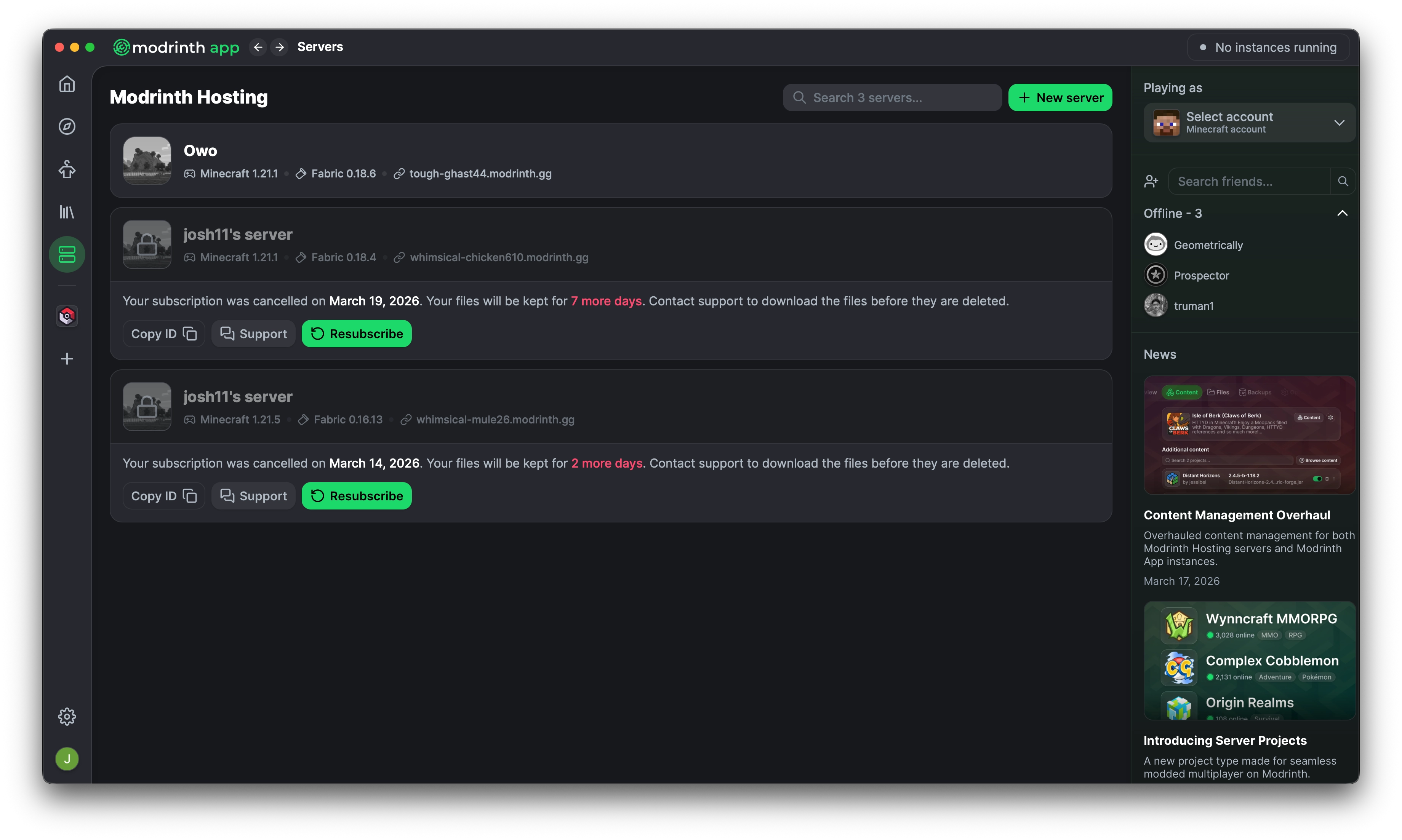 A screenshot of the Modrinth Hosting tab in the app, showing the user's servers